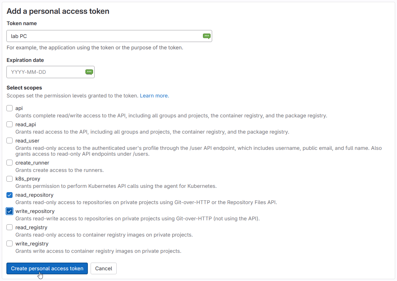 All the options you are presented with while creating a new access token