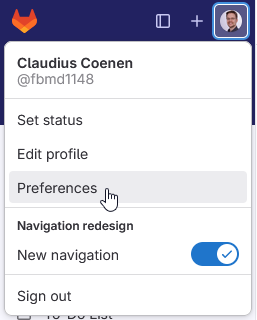 Gitlab's account menu with the preferences item highlighted
