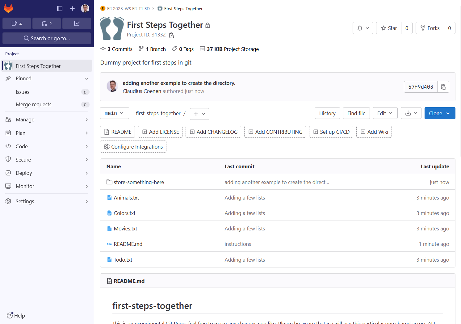 Screenshot of a project in Gitlab
