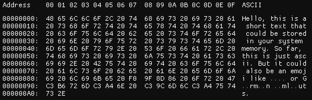 Screenshot from a hex-editor showing some (mostly) ASCII text