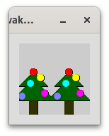 two tiny pine trees, with five ornaments each