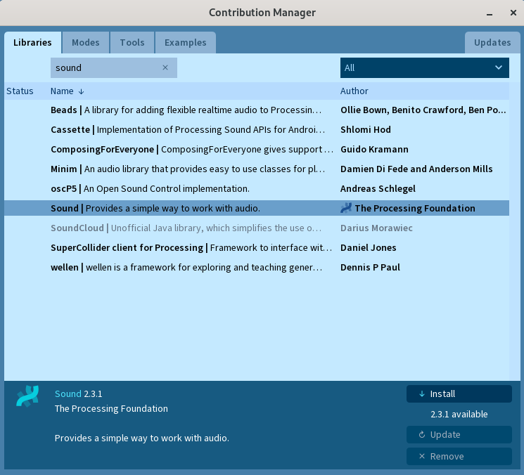 Screenshot Manager, with the correct one selected: Sound by Author "The Processing Foundation"